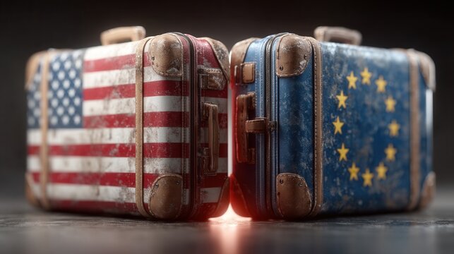 Two Vintage Suitcases Depicting the United States and European Union Flags Are Placed Side-by-Side