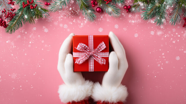 christmas background with christmas tree, Santa's hands with gift box present