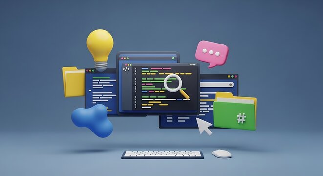 3d illustration of coding and software development with digital tools and icons