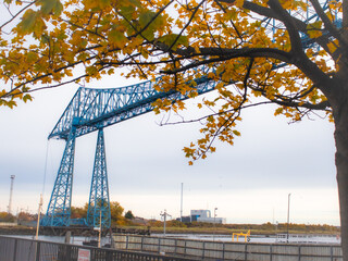 The Middlesbrough transporter bridge with the dad and lad sculpture facing towards Stockton on tees