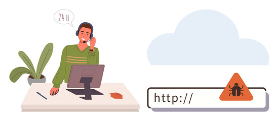 Man at desk wearing headset, providing 247 IT support while addressing malware issue indicated by bug warning in browser URL. Ideal for customer service, cybersecurity, malware support, online