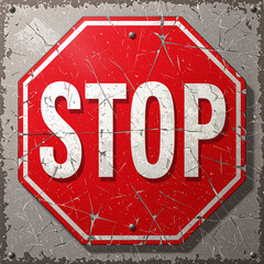 Weathered STOP sign with cracked surface, vintage style, metallic background, urban setting
