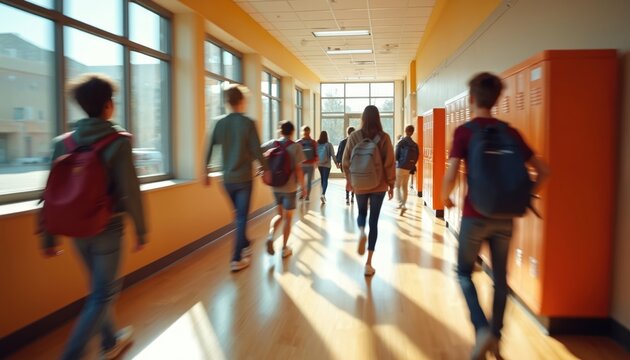 Teenagers walk through a school hallway with lockers. Students with backpacks move during class break. Adolescents go to lessons on campus. Youthful energy and education. - Powered by Adobe