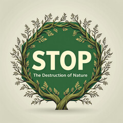 Nature protection stop sign illustration with green foliage and a message on a light background
