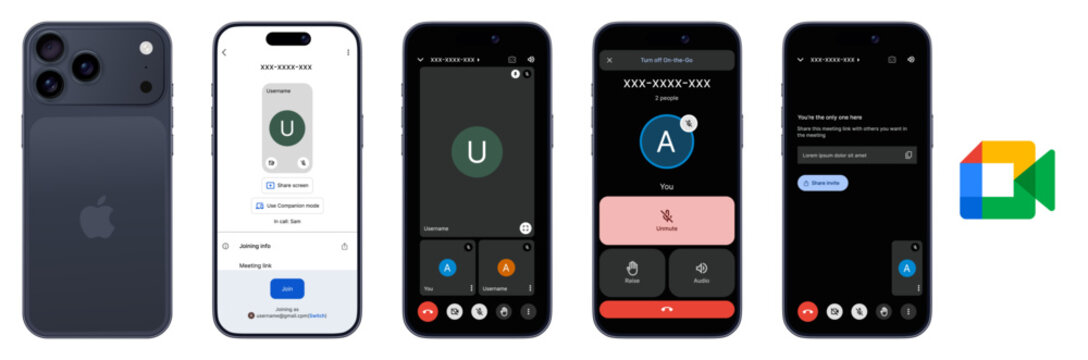 Google Meet mockup on iPhone 17 Pro Max . Google Meet and Gmail integration . Google Meet video call UI design in dark mode for mobile communication and collaboration.