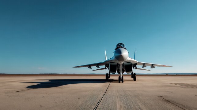 Mig-29 Fighter Jet Sits on a Concrete Runway Against a Bright Blue Sky on a Clear Day