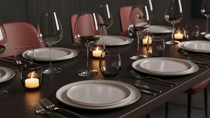 Elegant dinner table set for a luxurious celebration, featuring wine glasses, plates, cutlery, and cozy candlelight. Perfect for holiday gatherings, fine dining, festive events, and virtual backgro