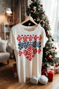Festive printed T-shirt hanging by decorated holiday tree