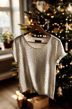 Wooden hanger holding T-shirt with holiday design and tree