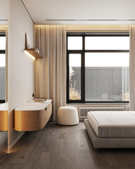 Modern minimalist bedroom interior with large window, wooden furniture, and soft natural light.