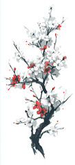 Delicate cherry blossoms with vibrant red accents on a dark, textured branch, rendered in sumi-e ink wash style against a white background