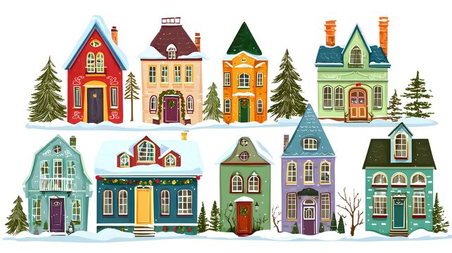 Flat illustration of a cute Christmas town. Set of houses with Christmas decorations, cartoon style