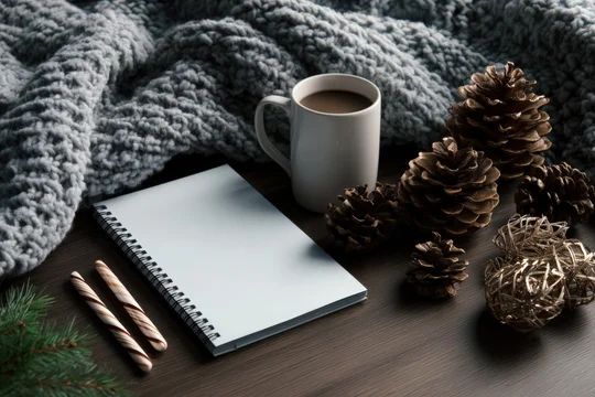 Holiday notebook on cozy blanket with candy canes and pine cones