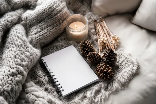 Blank Christmas journal mockup with winter decorative elements