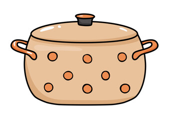 cooking pot, saucepan with lid and polka dots. Kitchen utensil for home cooking, kitchenware, and food preparation illustration.
