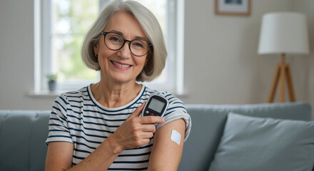 Fototapeta premium Portrait of smiling senior woman with continuous glucose monitor. Patient with diabetes using sensor patch and reader for health management at home