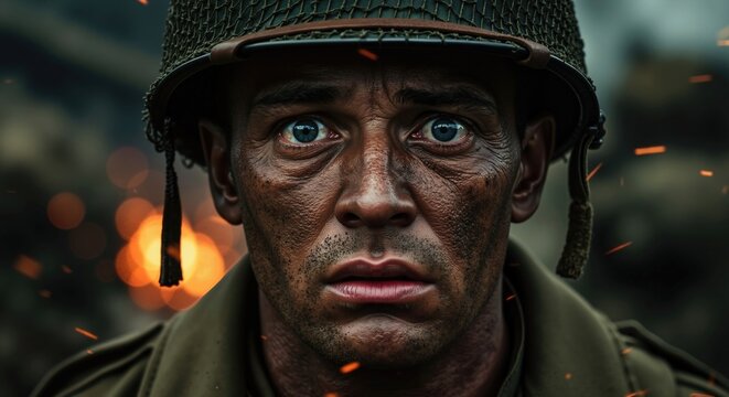 Intense close-up portrait of soldier's face expressing shock and trauma. Military man in helmet on dark battlefield during combat. Human cost of war concept
