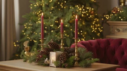 Cozy Christmas holiday interior scene with lit red candles, pine branches, pinecones, festive tree bokeh, warm aesthetic, perfect virtual background, winter celebration mood.
