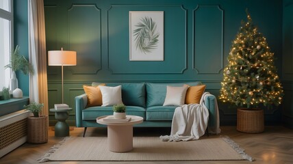 Elegant Christmas living room, teal accent wall, cozy velvet sofa, festive tree lights, warm modern interior, holiday decoration, inviting aesthetic, virtual background for zoom, video calling.