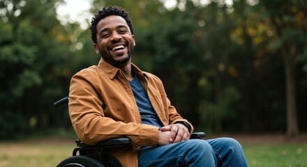 Obraz premium Happy African American man in wheelchair smiling outdoors in park. Positive portrait of young disabled person enjoying nature. Inclusivity and accessibility lifestyle concept