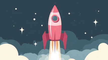 Fototapeta premium Illustration of a rocket going to the moon, warm colors, pastel touches, in the style of clip art, with simple lines and colors. Style children's book illustration, simple shapes, and flat colors