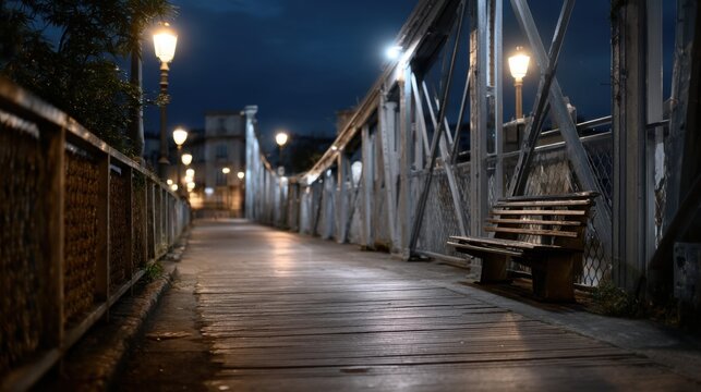 Night view of an iron pedestrian bridge, with a plank floor, railings on both sides, street lamps providing lighting, and an empty bench.