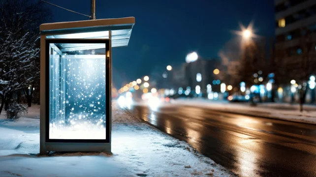 Snowy street billboard mockup surrounded by bright holiday lights
