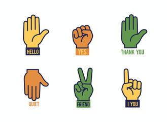 A vector illustration depicting a variety of hand gestures and signs, featuring isolated palms and fingers against a white background, representing non-verbal communication, emotional expression, and