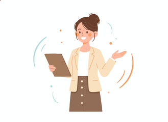 A cheerful young woman points and demonstrates something with her hand, while a smiling secretary or businesswoman explains and presents the same item, all illustrated as a colorful flat vector on a