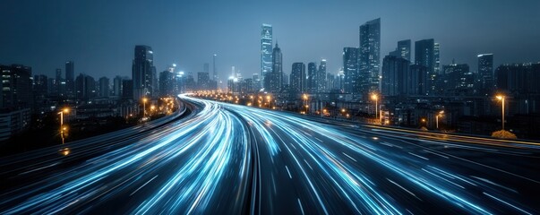 Light Streaks Through the Night Sky Over the Modern City of Hong Kong