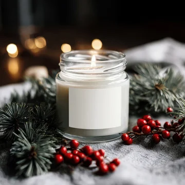 Candle jar mockup with Christmas label and pine branch decor