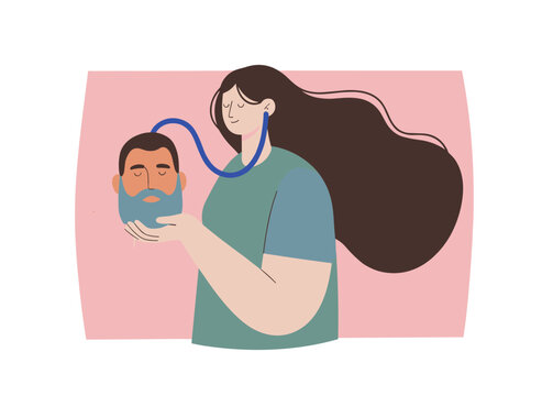 A transgender or transsexual woman holds a mask showing a male face, depicting a person exploring their gender identity&mdash;non-binary, genderqueer, or genderfluid&mdash;in a flat cartoon vector illustration
