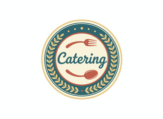 Fototapeta premium A catering company logo featuring calligraphic cursive lettering adorned with cutlery or kitchenware, presented as a food supply service emblem on a white background, rendered as a vector