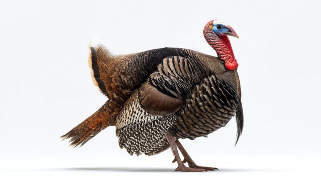 A handsome male turkey, pictured alone against a stark white backdrop.
\
Or:
\
Isolated against a white background is a striking male turkey.
\
Or:
\
A lone