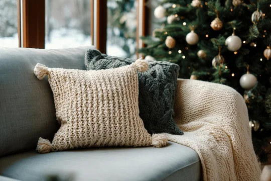 Festive pillow display on sofa near decorated Christmas tree