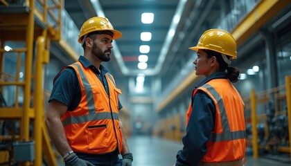 Two factory workers wear hard hats, safety vests. Man, woman discuss work in industrial building. Ensure safe operations at plant, performing daily duties, showing safety first. Effective
