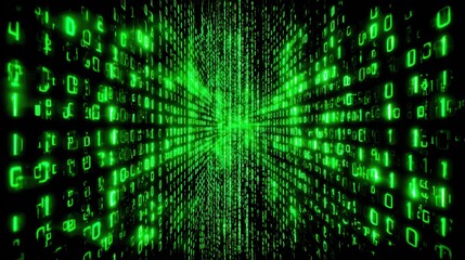 Digital Streams of Green Binary Code Flow Into a Central Vanishing Point on a Black Background