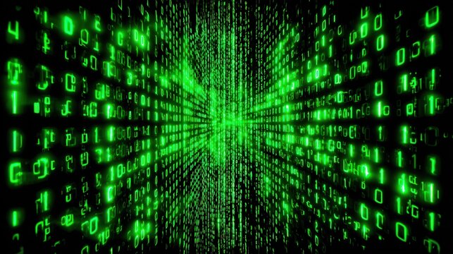 Digital Streams of Green Binary Code Flow Into a Central Vanishing Point on a Black Background