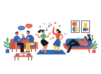 A lively home gathering with cheerful friends, an apartment or living room bustling with dancing, chatting, and young, attractive men and women enjoying each other's company at night, depicted in a