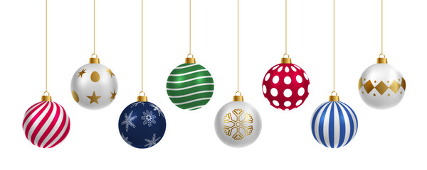 Christmas ornament ball hanging vector set, red, green, blue, gold baubles with stripes, stars, snowflakes pattern, Holiday decorations design elements isolated on white background. PNG, Transparent.
