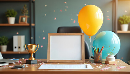 Office desk with congratulatory decor including balloons, trophy, blank frame, confetti. Pencils in cup, laptop, papers on wooden table. Blue green wall with shelves and plants in background.