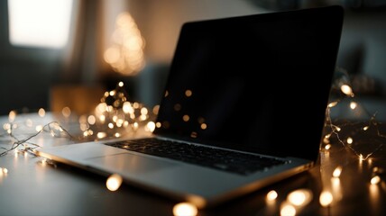 Festive workspace with laptop mockup and warm holiday lights