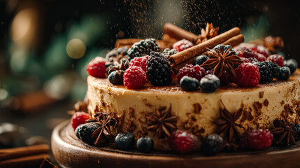 Delicious festive dessert adorned with fresh berries and aromatic spices, creating a warm holiday atmosphere