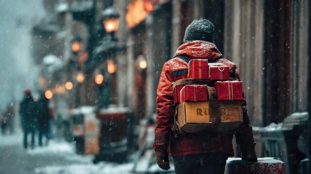 Individual in a red jacket carrying stacked gifts on a snowy street, with warm street lamps illuminating the scene, showcasing the festive atmosphere, camera follows the subject