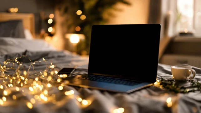 Modern flat lay with laptop and festive holiday decorations
