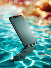 A sleek, modern smartphone floating on a vibrant blue pool of water with bokeh lights in the background