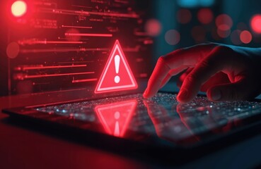 Red alert warning sign on digital screen signals cyber threat risk. Person interacts with computer interface detecting digital danger, data breach issue.