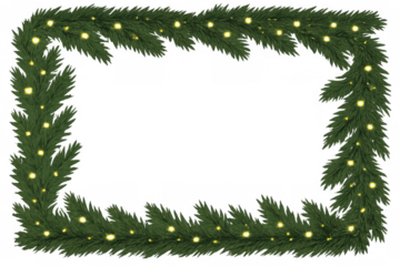 Christmas pine garland frame with twinkling lights and evergreen branches creating festive border, transparent background