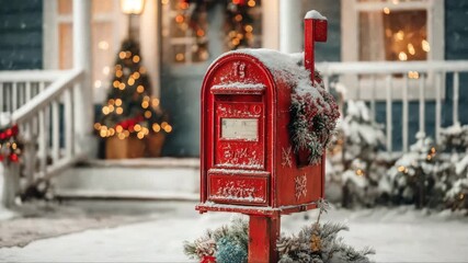 Vibrant red mailbox adorned with snow and festive decorations stands prominently in a winter scene, camera gradually zooms in to highlight intricate details and ambiance - Powered by Adobe