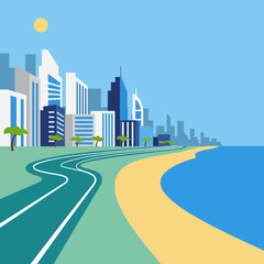 Fototapeta premium A modern city skyline with a winding coastal road next to a sandy beach and the ocean on a sunny day.